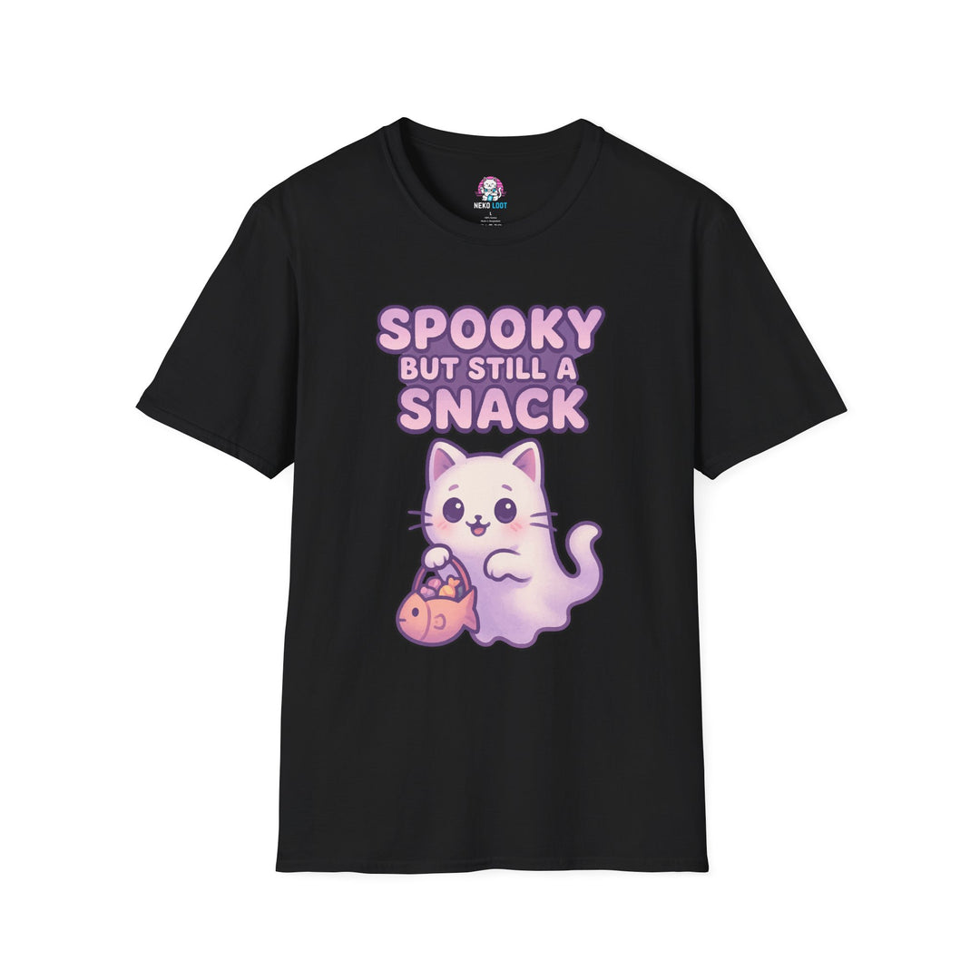 Black T-shirt featuring a purple ghost cat holding a candy bag with Spooky but Still a Snack lettering.