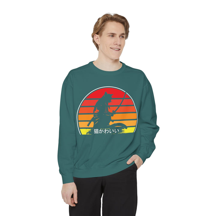 Sunset Samurai Sweatshirt | Cozy Unisex Garment-Dyed Pullover, Gift for Anime Lovers, Japanese Aesthetic Apparel, Fall Fashion, Casual Wear