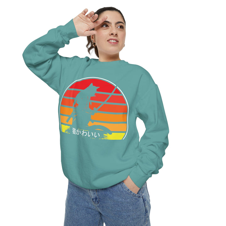 Sunset Samurai Sweatshirt | Cozy Unisex Garment-Dyed Pullover, Gift for Anime Lovers, Japanese Aesthetic Apparel, Fall Fashion, Casual Wear