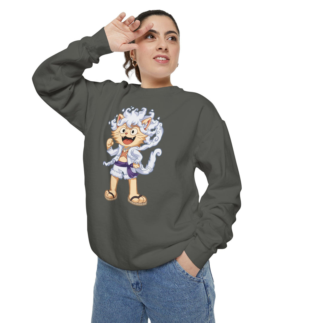 Cute Cat Character Sweatshirt Featuring a Whimsical Feline in a Cheerful Anime Inspired Pose for Fans of Unique Graphics Animal Lover Apparel Fun Fashion Casual Wear