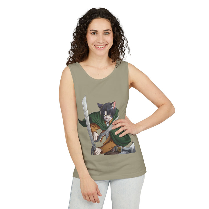Anime Cat Warrior Tank Top, Unisex Graphic Tee, Cute Anime Apparel, Summer Fashion, Gift for Anime Fans