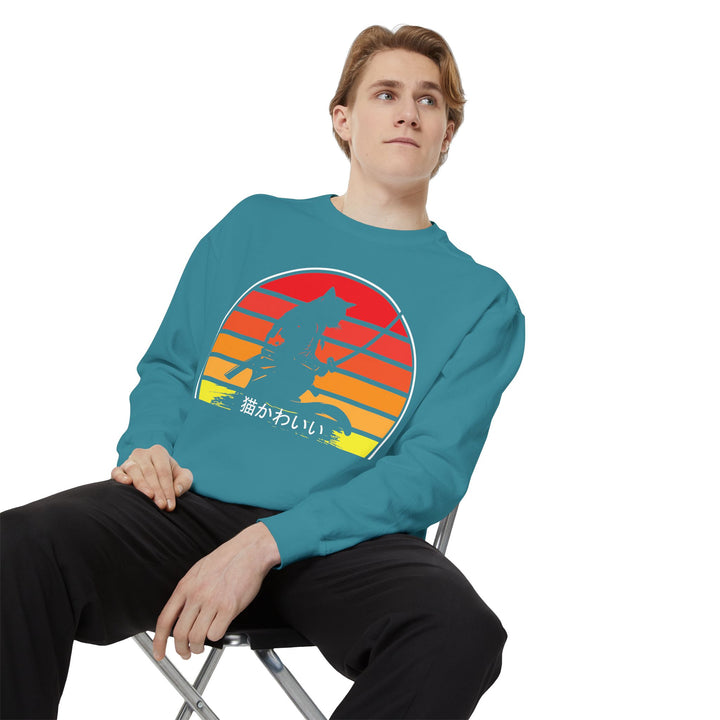 Sunset Samurai Sweatshirt | Cozy Unisex Garment-Dyed Pullover, Gift for Anime Lovers, Japanese Aesthetic Apparel, Fall Fashion, Casual Wear