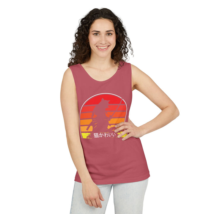 Sunset Cat Tank Top, Unisex Summer Top, Beachwear, Casual Workout Shirt, Gift for Cat Lovers