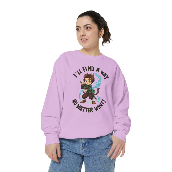 Motivational Unisex Sweatshirt with an Anime-Inspired Cat Demon Slayer and the Slogan "I'll Find a Way No Matter What Inspirational Gift Cozy Fashion Everyday Wear Unique Statement Piece