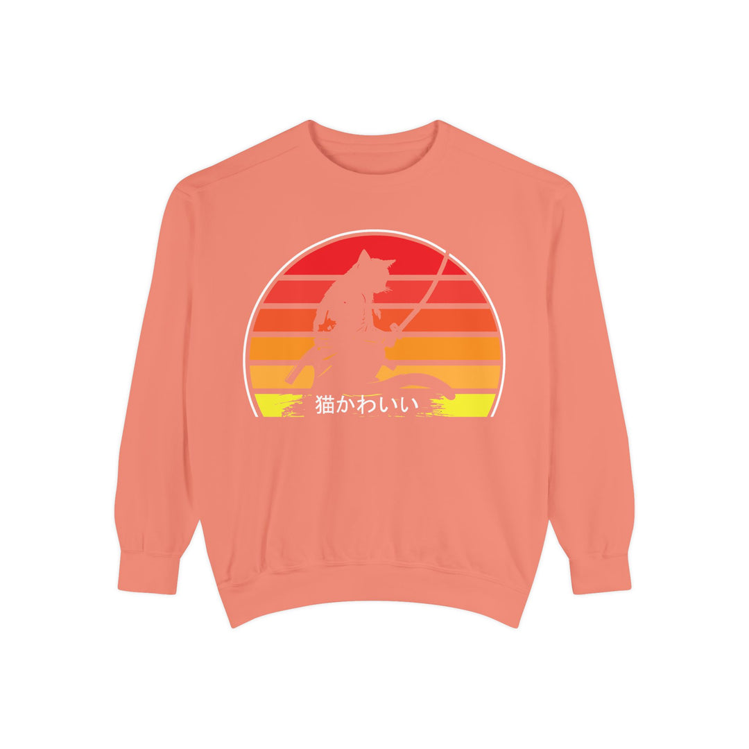 Sunset Samurai Sweatshirt | Cozy Unisex Garment-Dyed Pullover, Gift for Anime Lovers, Japanese Aesthetic Apparel, Fall Fashion, Casual Wear