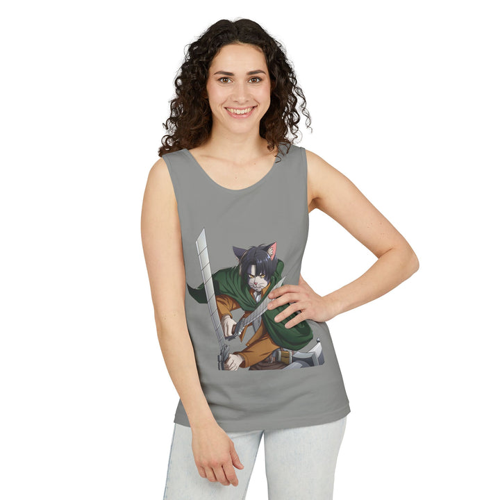 Anime Cat Warrior Tank Top, Unisex Graphic Tee, Cute Anime Apparel, Summer Fashion, Gift for Anime Fans