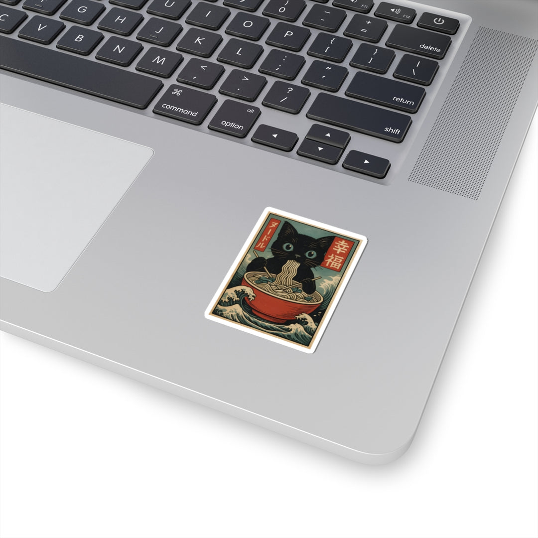 Whimsical Cat Noodle Kiss-Cut Stickers | Cute Black Cat, Japanese Art, Laptop Decals, Planner Stickers, Cat Lover Gift