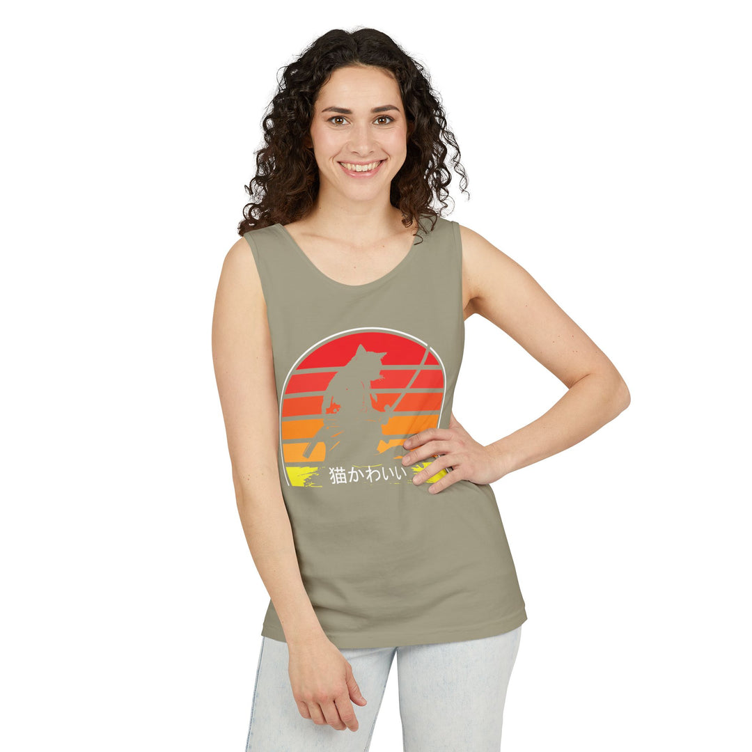 Sunset Cat Tank Top, Unisex Summer Top, Beachwear, Casual Workout Shirt, Gift for Cat Lovers