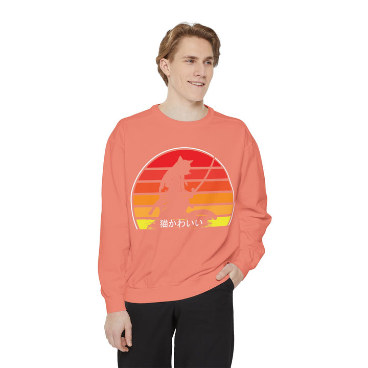 Sunset Samurai Sweatshirt | Cozy Unisex Garment-Dyed Pullover, Gift for Anime Lovers, Japanese Aesthetic Apparel, Fall Fashion, Casual Wear