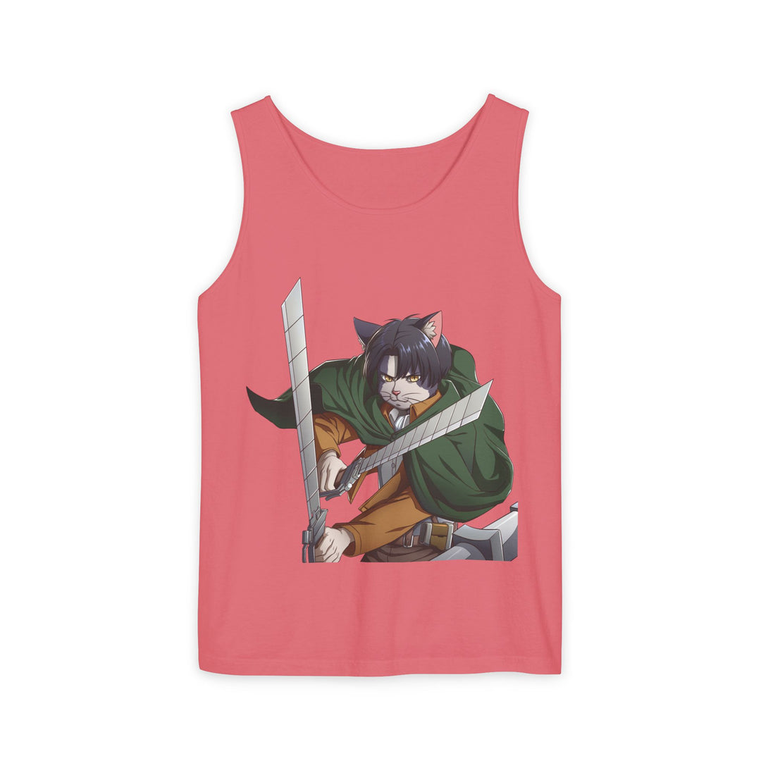 Anime Cat Warrior Tank Top, Unisex Graphic Tee, Cute Anime Apparel, Summer Fashion, Gift for Anime Fans