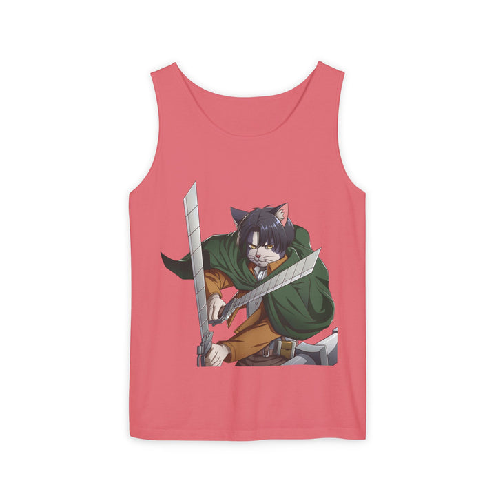 Anime Cat Warrior Tank Top, Unisex Graphic Tee, Cute Anime Apparel, Summer Fashion, Gift for Anime Fans