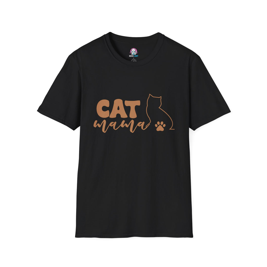 Black T-shirt featuring Cat Mama lettering beside a cat outline and paw print.
