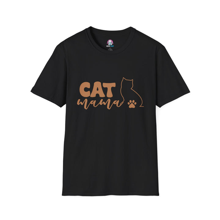 Black T-shirt featuring Cat Mama lettering beside a cat outline and paw print.