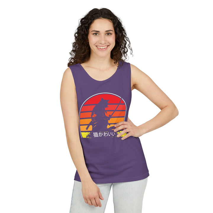 Sunset Cat Tank Top, Unisex Summer Top, Beachwear, Casual Workout Shirt, Gift for Cat Lovers