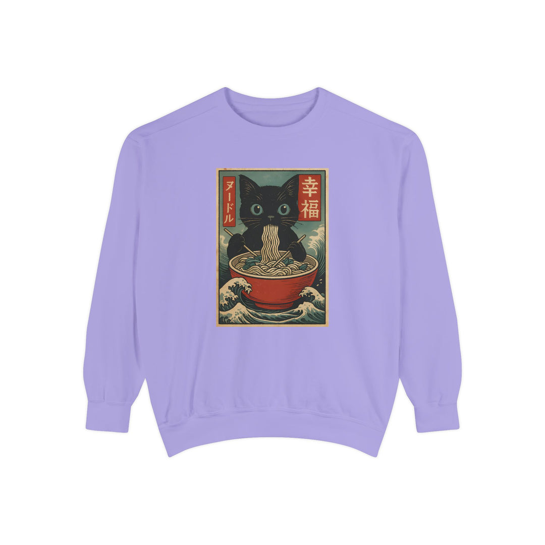 Japanese-Inspired Cat Sweatshirt Featuring a Black Cat Eating Ramen in a Classic Ukiyo-e Woodblock Art Style Cozy Unisex Sweater Cute Gift for Cat Lovers Casual Lounge Wear Perfect for Fall