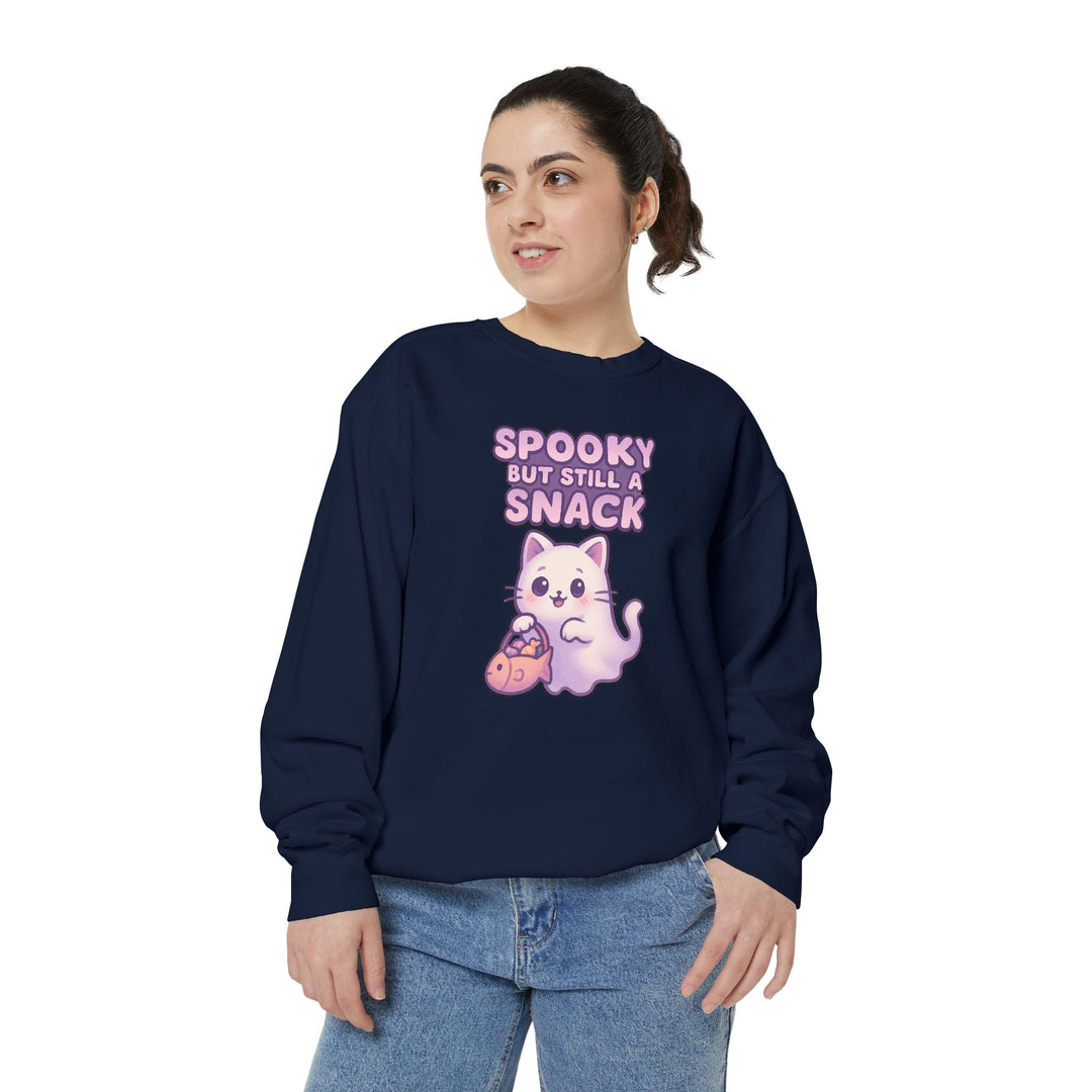 Spooky Snack Sweatshirt Featuring a Cute Ghost Cat Holding a Candy Basket with a Humorous Slogan