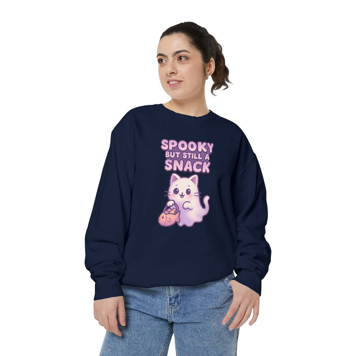 Spooky Snack Sweatshirt Featuring a Cute Ghost Cat Holding a Candy Basket with a Humorous Slogan