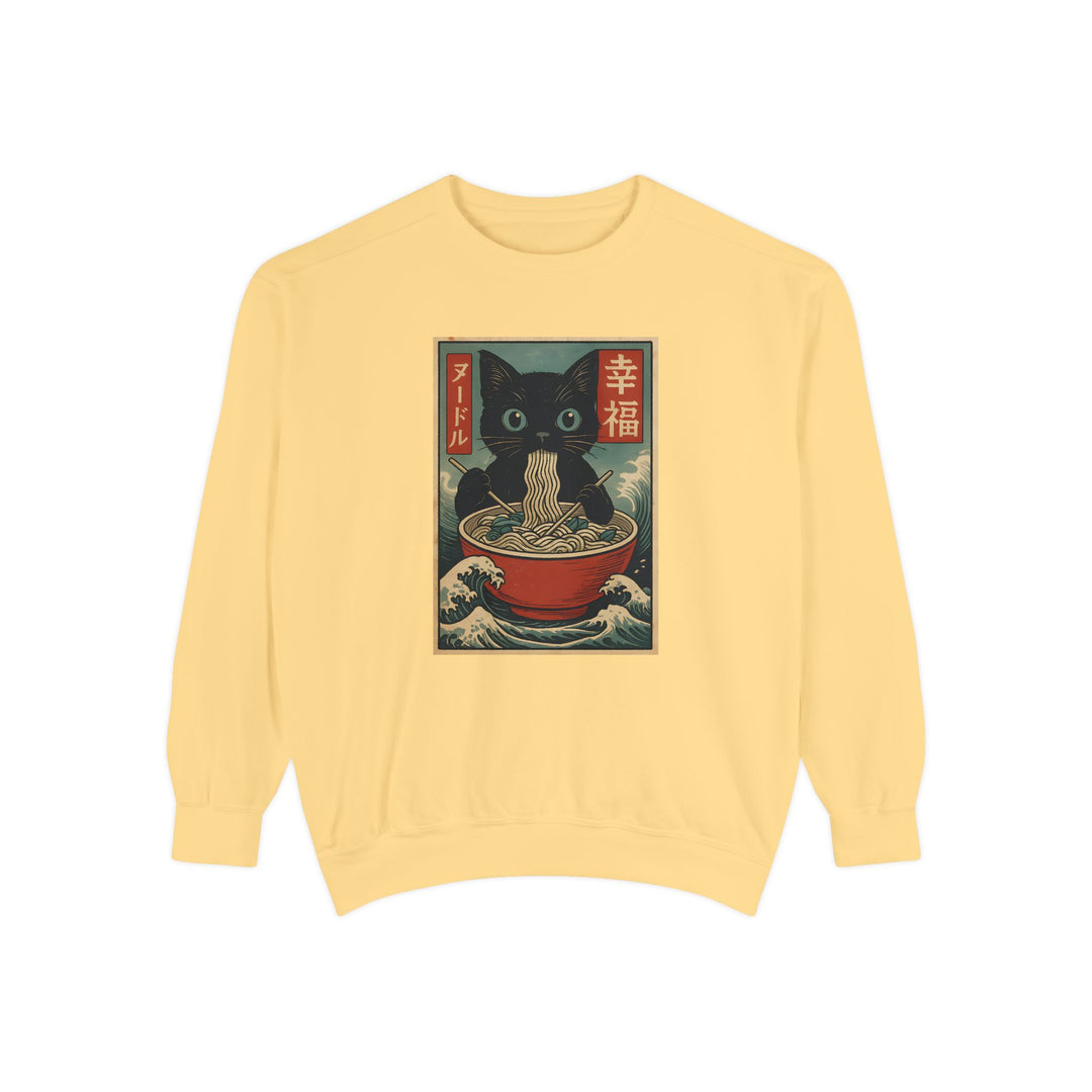 Japanese-Inspired Cat Sweatshirt Featuring a Black Cat Eating Ramen in a Classic Ukiyo-e Woodblock Art Style Cozy Unisex Sweater Cute Gift for Cat Lovers Casual Lounge Wear Perfect for Fall