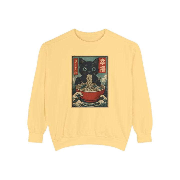 Japanese-Inspired Cat Sweatshirt Featuring a Black Cat Eating Ramen in a Classic Ukiyo-e Woodblock Art Style Cozy Unisex Sweater Cute Gift for Cat Lovers Casual Lounge Wear Perfect for Fall
