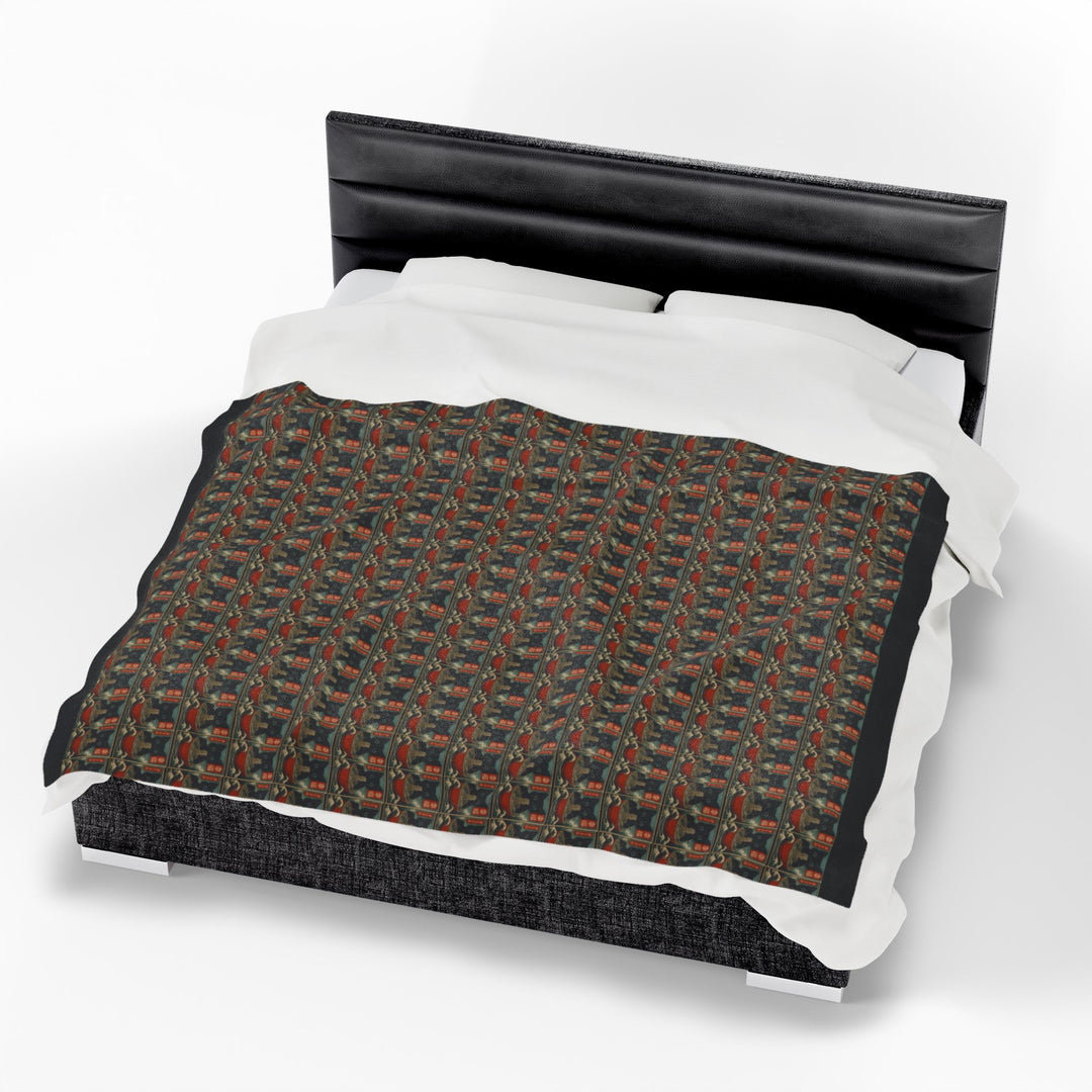Velveteen Plush Blanket Featuring a Repeating Pattern of a Black Cat Eating Ramen in Ukiyo-e Style