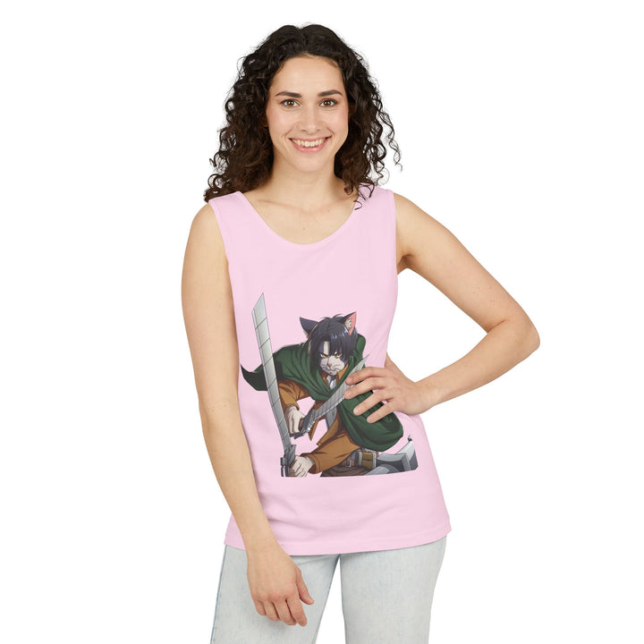 Anime Cat Warrior Tank Top, Unisex Graphic Tee, Cute Anime Apparel, Summer Fashion, Gift for Anime Fans