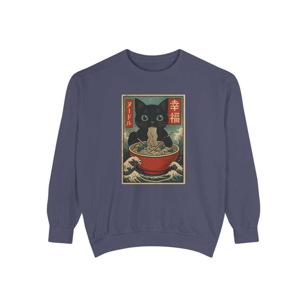Japanese-Inspired Cat Sweatshirt Featuring a Black Cat Eating Ramen in a Classic Ukiyo-e Woodblock Art Style Cozy Unisex Sweater Cute Gift for Cat Lovers Casual Lounge Wear Perfect for Fall