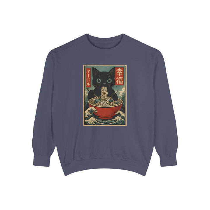 Japanese-Inspired Cat Sweatshirt Featuring a Black Cat Eating Ramen in a Classic Ukiyo-e Woodblock Art Style Cozy Unisex Sweater Cute Gift for Cat Lovers Casual Lounge Wear Perfect for Fall