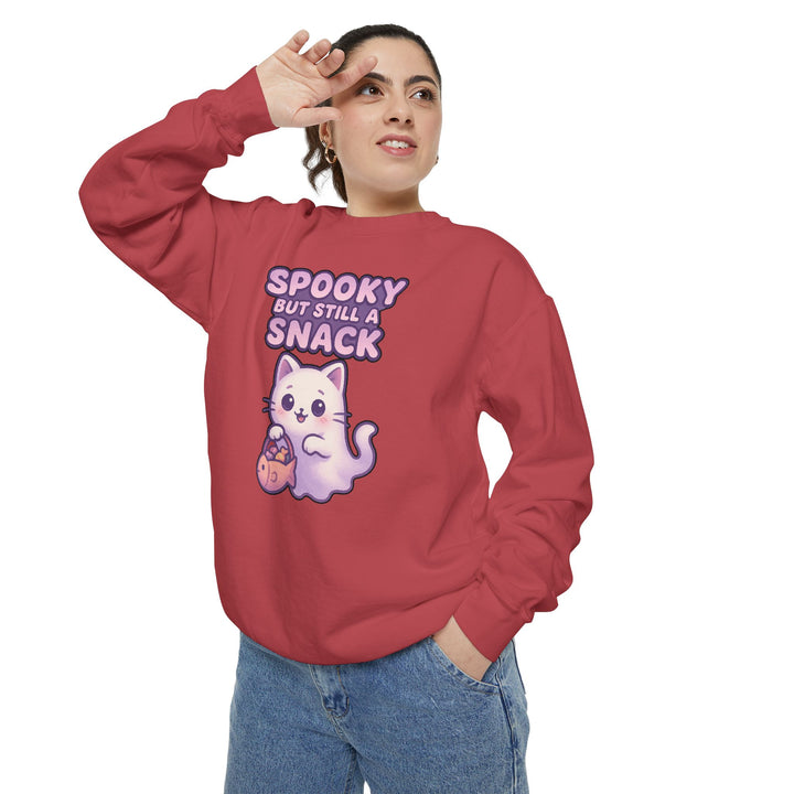 Spooky Snack Sweatshirt Featuring a Cute Ghost Cat Holding a Candy Basket with a Humorous Slogan