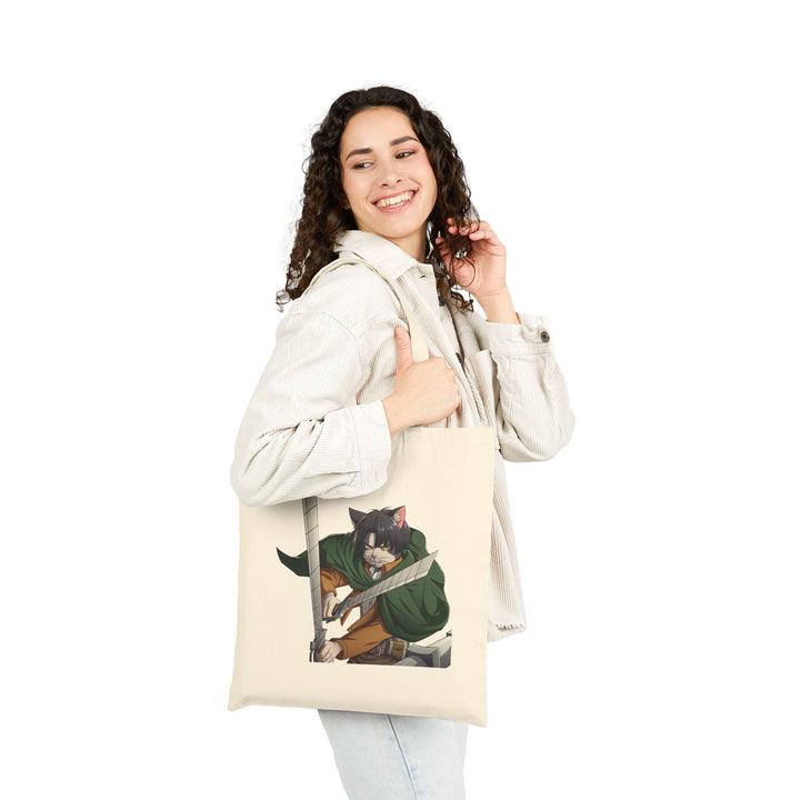 Cute Cat Warrior Cotton Canvas Tote Bag, Eco-Friendly Shopping Tote, Anime Tote, Cute Gift for Pet Lovers, Durable Shoulder Bag