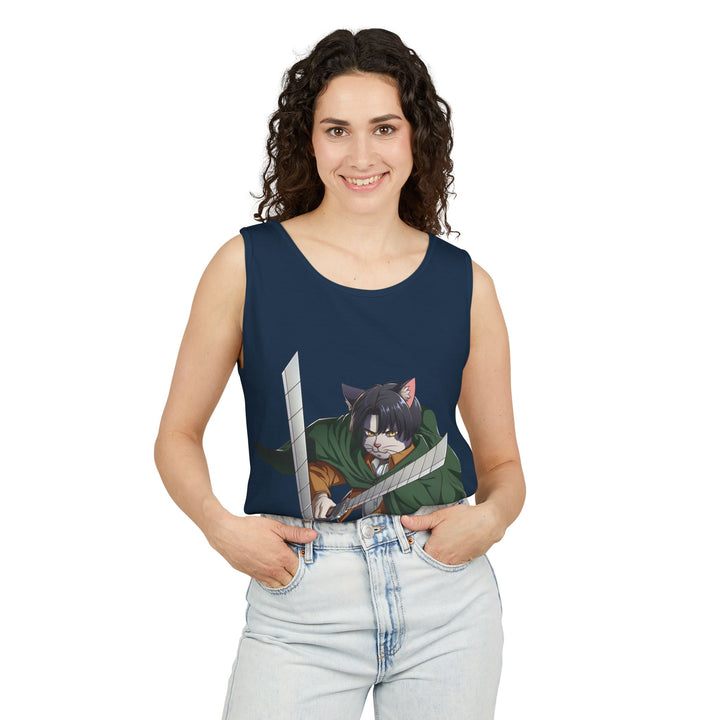 Anime Cat Warrior Tank Top, Unisex Graphic Tee, Cute Anime Apparel, Summer Fashion, Gift for Anime Fans
