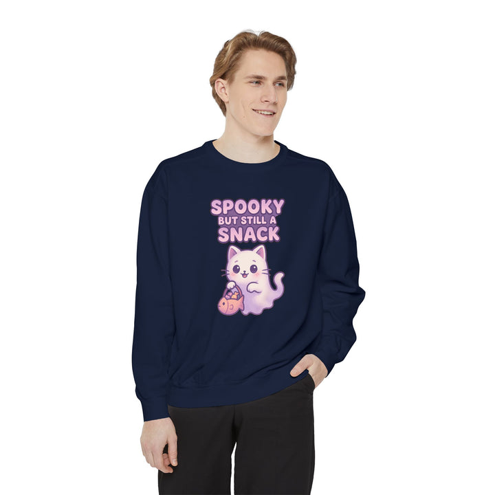 Spooky Snack Sweatshirt Featuring a Cute Ghost Cat Holding a Candy Basket with a Humorous Slogan