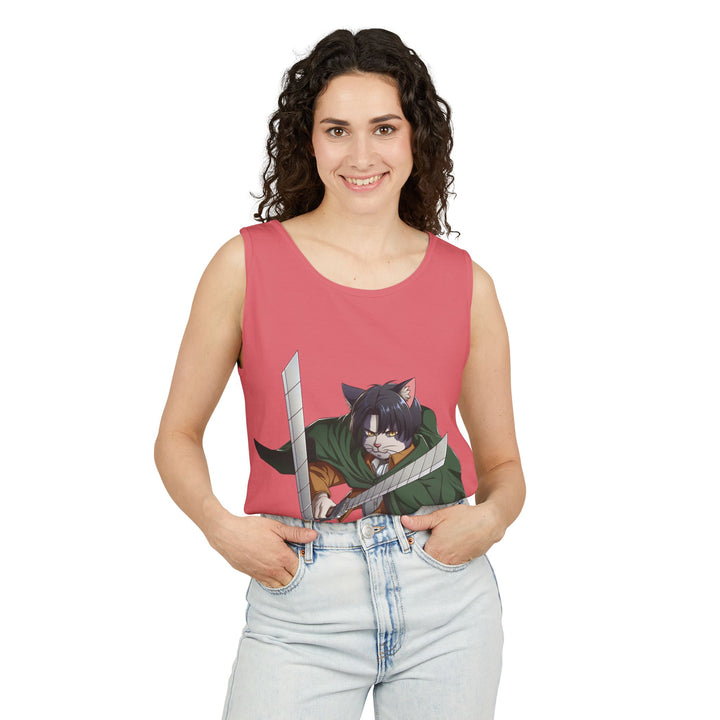 Anime Cat Warrior Tank Top, Unisex Graphic Tee, Cute Anime Apparel, Summer Fashion, Gift for Anime Fans