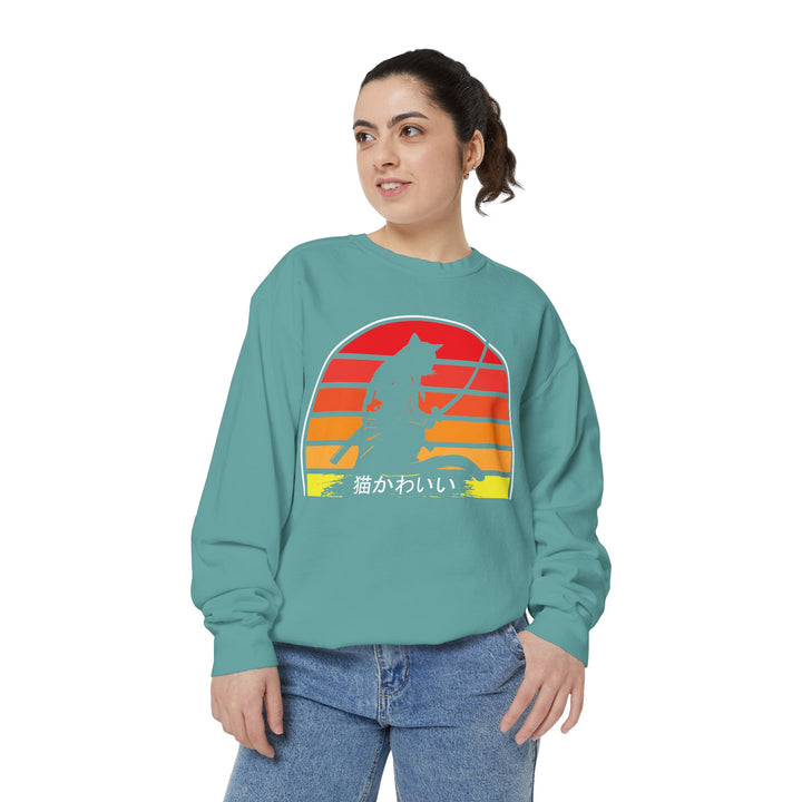 Sunset Samurai Sweatshirt | Cozy Unisex Garment-Dyed Pullover, Gift for Anime Lovers, Japanese Aesthetic Apparel, Fall Fashion, Casual Wear