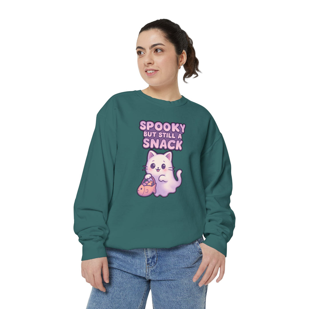 Spooky Snack Sweatshirt Featuring a Cute Ghost Cat Holding a Candy Basket with a Humorous Slogan