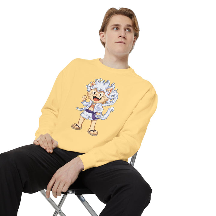 Cute Cat Character Sweatshirt Featuring a Whimsical Feline in a Cheerful Anime Inspired Pose for Fans of Unique Graphics Animal Lover Apparel Fun Fashion Casual Wear