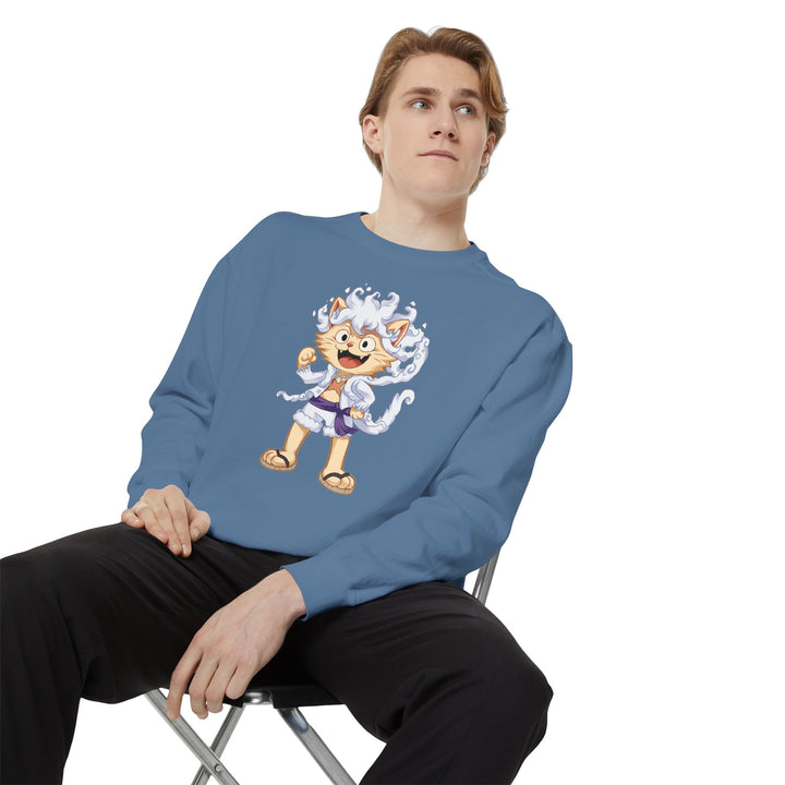 Cute Cat Character Sweatshirt Featuring a Whimsical Feline in a Cheerful Anime Inspired Pose for Fans of Unique Graphics Animal Lover Apparel Fun Fashion Casual Wear