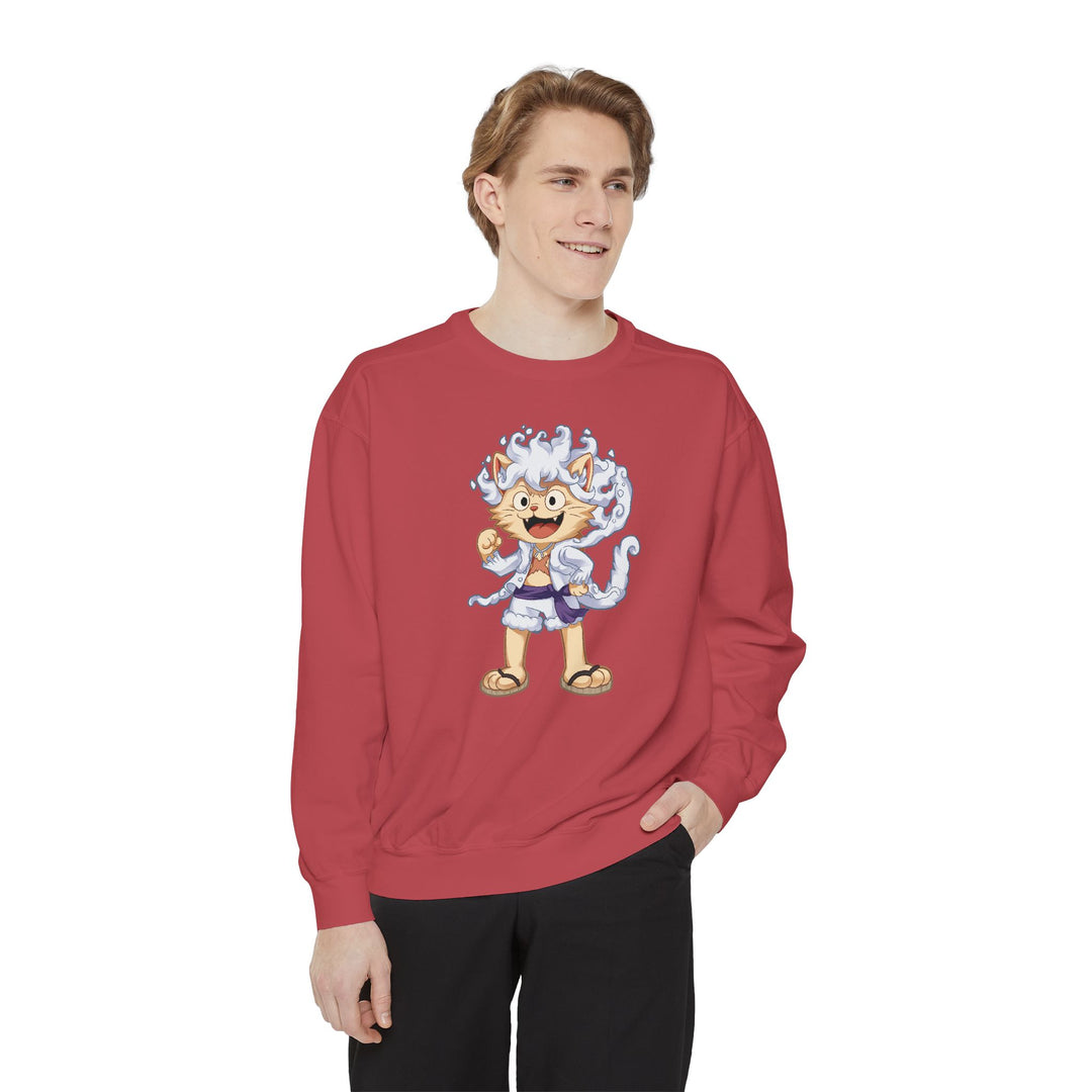 Cute Cat Character Sweatshirt Featuring a Whimsical Feline in a Cheerful Anime Inspired Pose for Fans of Unique Graphics Animal Lover Apparel Fun Fashion Casual Wear