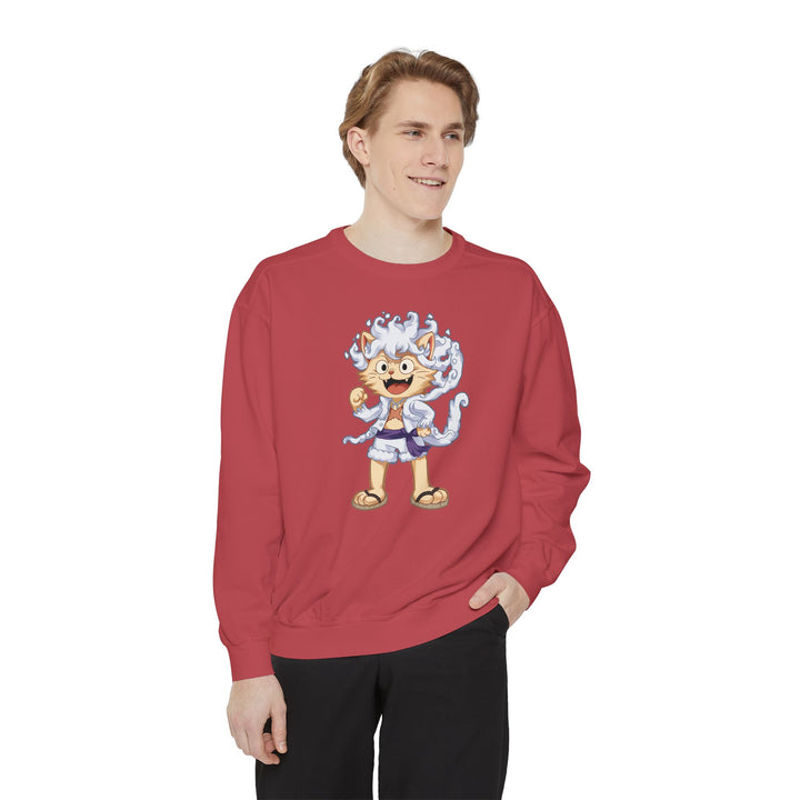 Cute Cat Character Sweatshirt Featuring a Whimsical Feline in a Cheerful Anime Inspired Pose for Fans of Unique Graphics Animal Lover Apparel Fun Fashion Casual Wear