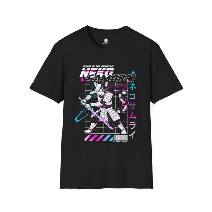 Black T-shirt featuring a neon-style samurai cat with Neko Samurai lettering.