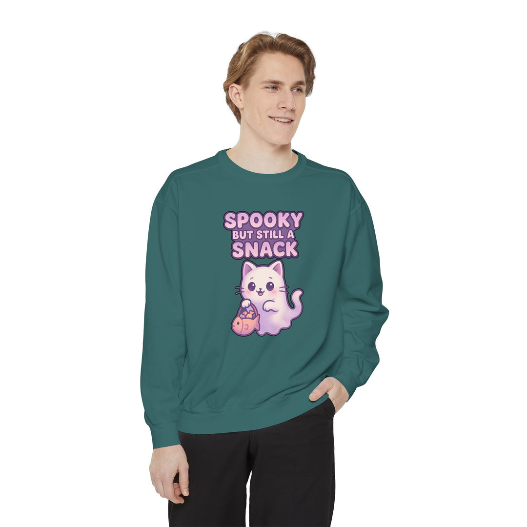 Spooky Snack Sweatshirt Featuring a Cute Ghost Cat Holding a Candy Basket with a Humorous Slogan
