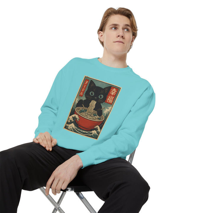 Japanese-Inspired Cat Sweatshirt Featuring a Black Cat Eating Ramen in a Classic Ukiyo-e Woodblock Art Style Cozy Unisex Sweater Cute Gift for Cat Lovers Casual Lounge Wear Perfect for Fall