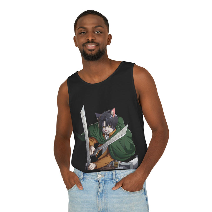 Anime Cat Warrior Tank Top, Unisex Graphic Tee, Cute Anime Apparel, Summer Fashion, Gift for Anime Fans
