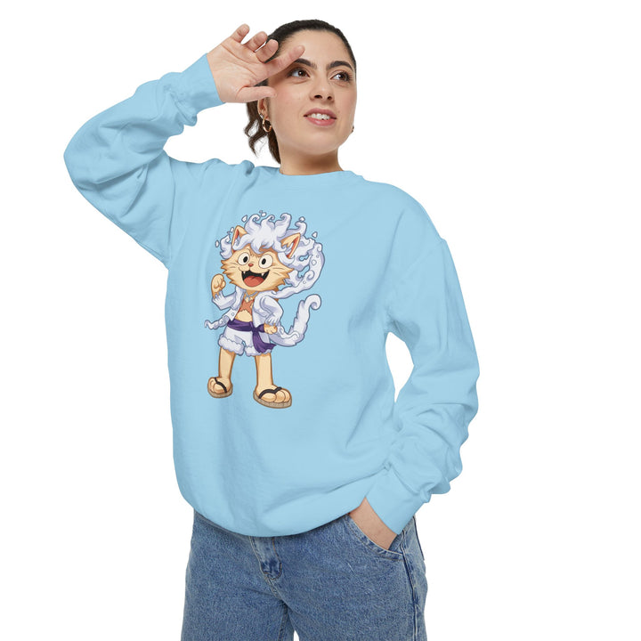 Cute Cat Character Sweatshirt Featuring a Whimsical Feline in a Cheerful Anime Inspired Pose for Fans of Unique Graphics Animal Lover Apparel Fun Fashion Casual Wear