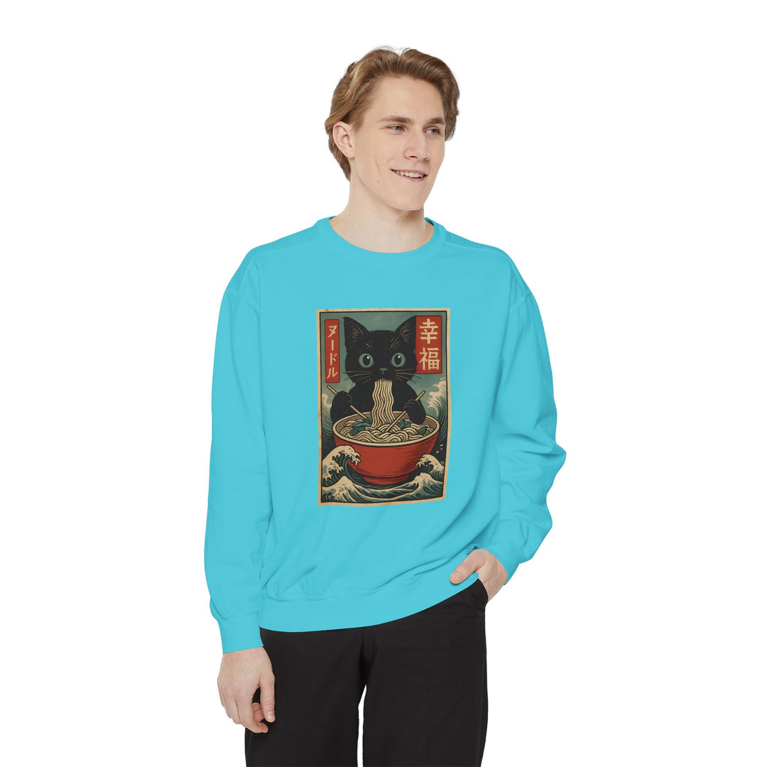 Japanese-Inspired Cat Sweatshirt Featuring a Black Cat Eating Ramen in a Classic Ukiyo-e Woodblock Art Style Cozy Unisex Sweater Cute Gift for Cat Lovers Casual Lounge Wear Perfect for Fall