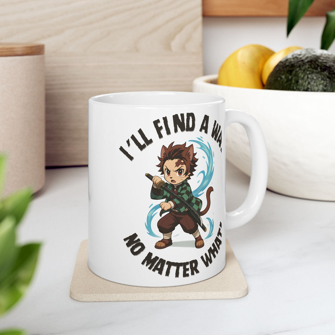 Motivational Ceramic Mug with an Anime-Inspired Cat Demon Slayer and the Slogan I'll Find a Way No Matter What Cute Coffee Mug Inspirational Drinkware Gift for Students Funny Character Mug