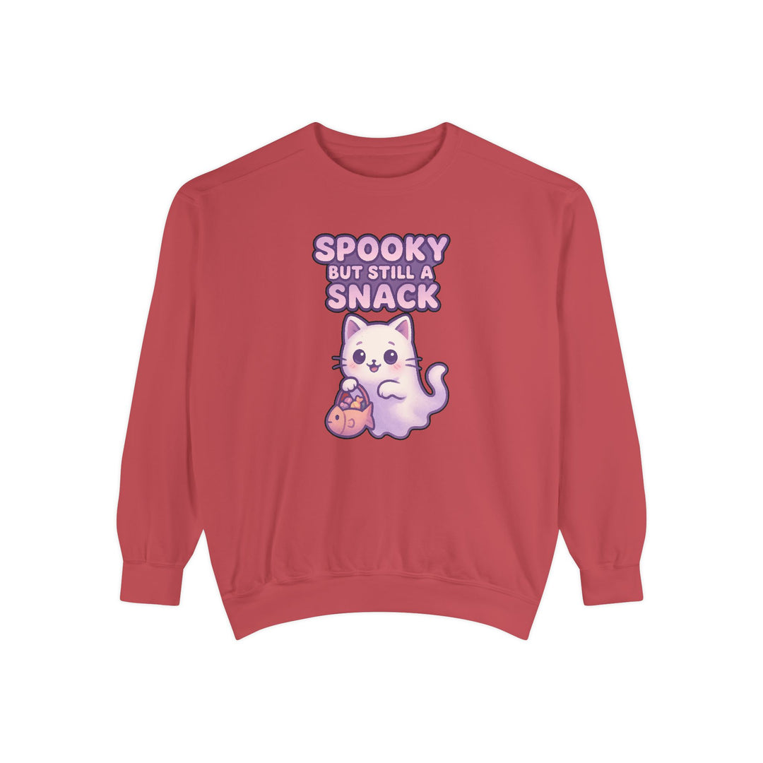 Spooky Snack Sweatshirt Featuring a Cute Ghost Cat Holding a Candy Basket with a Humorous Slogan