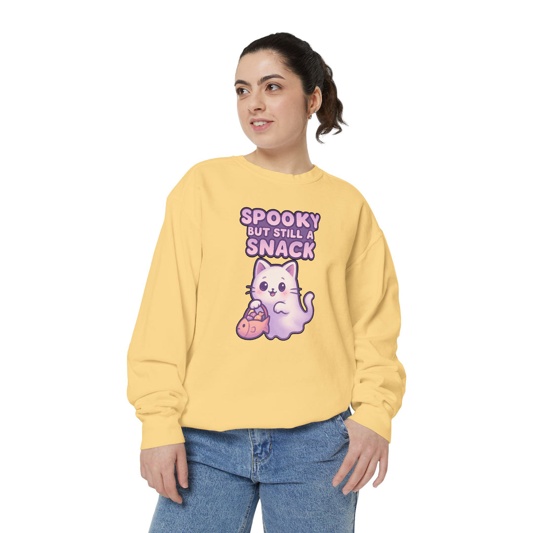 Spooky Snack Sweatshirt Featuring a Cute Ghost Cat Holding a Candy Basket with a Humorous Slogan