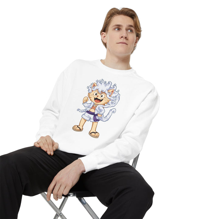 Cute Cat Character Sweatshirt Featuring a Whimsical Feline in a Cheerful Anime Inspired Pose for Fans of Unique Graphics Animal Lover Apparel Fun Fashion Casual Wear