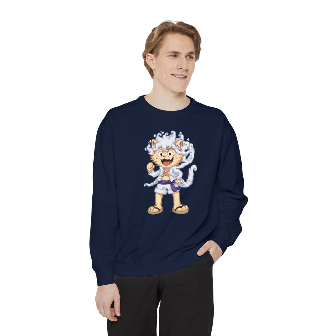 Cute Cat Character Sweatshirt Featuring a Whimsical Feline in a Cheerful Anime Inspired Pose for Fans of Unique Graphics Animal Lover Apparel Fun Fashion Casual Wear