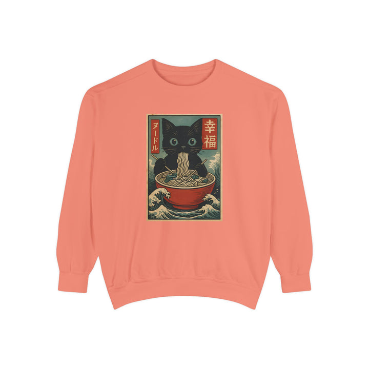 Japanese-Inspired Cat Sweatshirt Featuring a Black Cat Eating Ramen in a Classic Ukiyo-e Woodblock Art Style Cozy Unisex Sweater Cute Gift for Cat Lovers Casual Lounge Wear Perfect for Fall